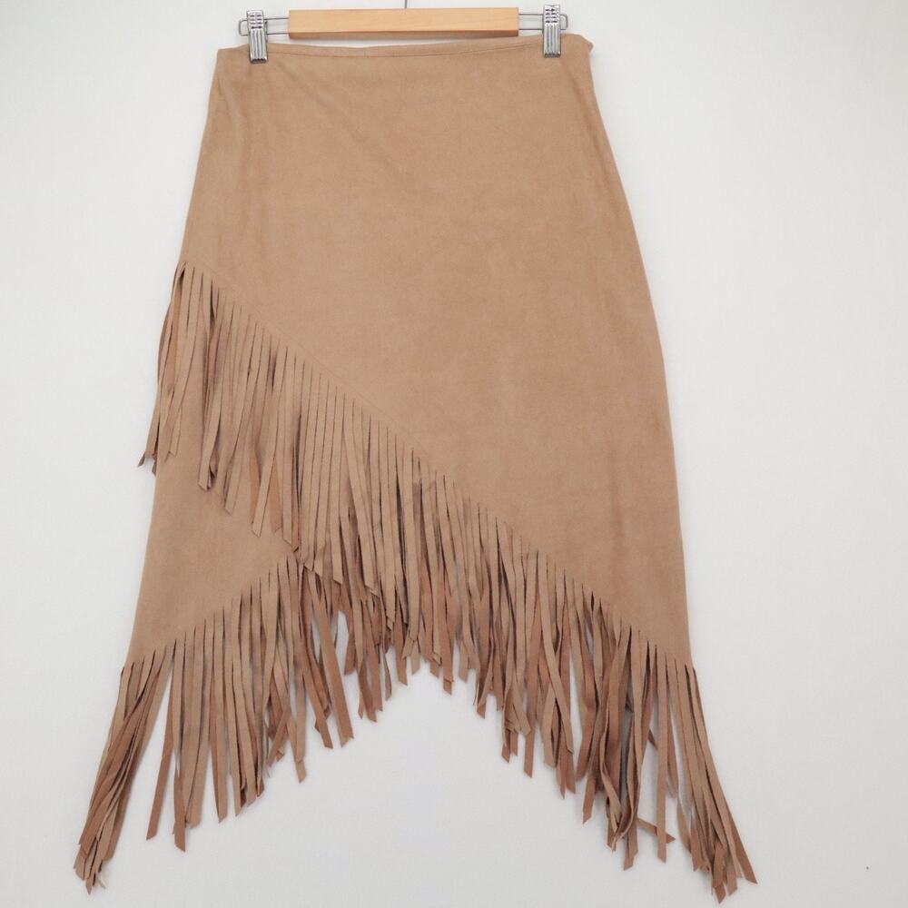 ELAN Size M Brown‎ Fringe Short Skirt Microsuede Boho Hippie Festival Womens